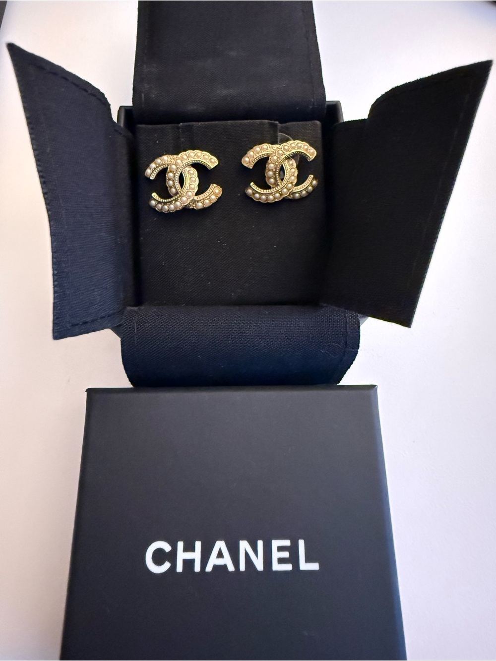 CHANEL Gold-Tone CC Pearl Accent Stud Earrings